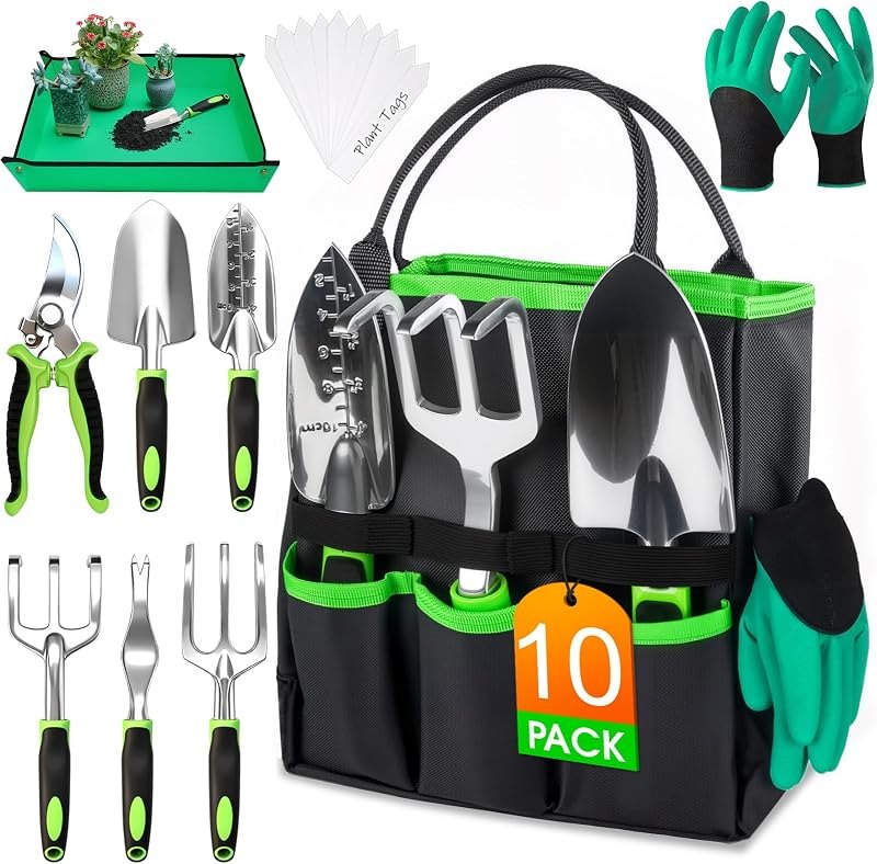 WOWBOX Garden Tools Set, 10 PCS Heavy Duty Gardening Hand Tools Kit, Green — Hoses, pruners, and beds that surviv for
