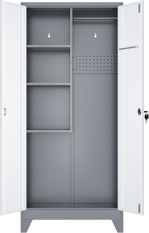 61" Metal Storage Cabinet with Lockable Doors, Cleaning Supply Cabinet with Pegboard and Hanging Rod. Garage Tool