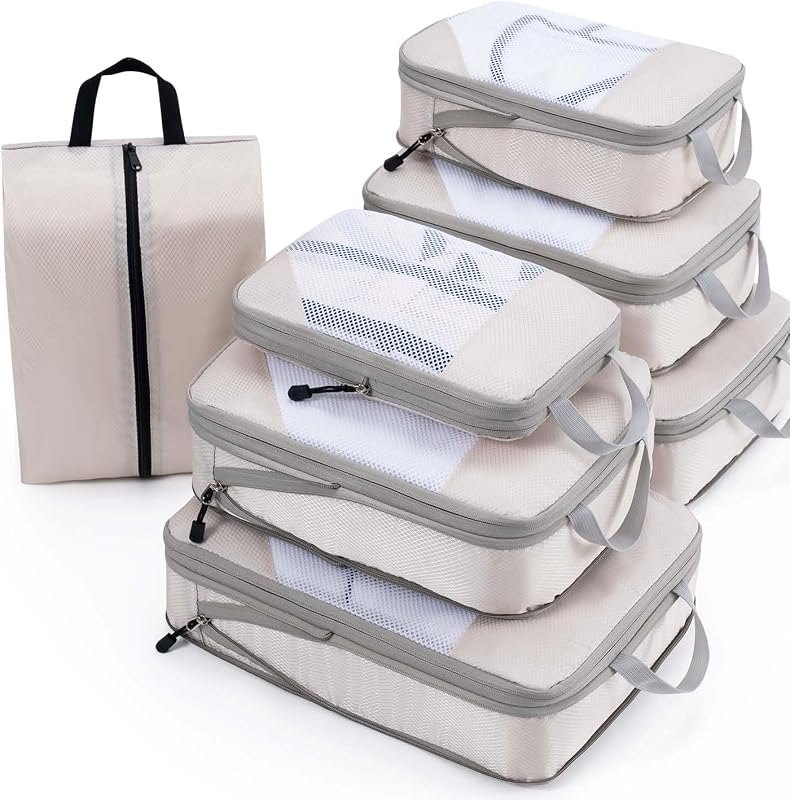 Meowoo 7 Set Compression Packing Cubes for Travel, Durable Ripstop Mesh Suitcase Organizer with Shoe Bag, Ultralight &