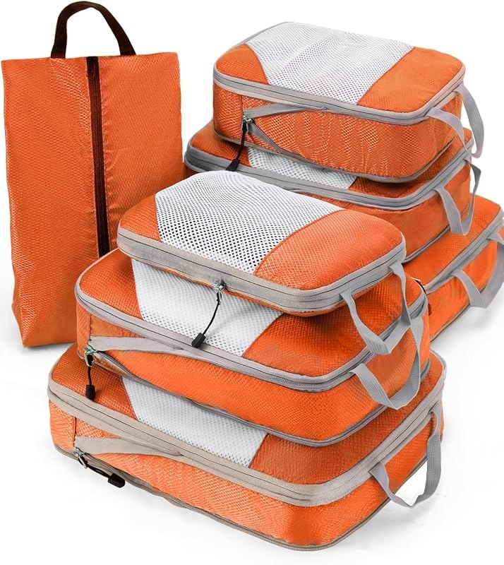 7 Set Compression Packing Cubes for Travel, Durable Ripstop Mesh Suitcase Organizer with Shoe Bag, Ultralight &