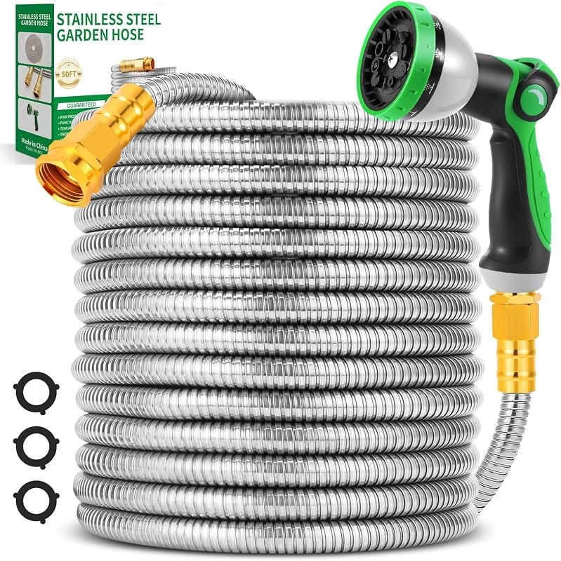 Garden Hose 50FT, Stainless Steel Metal Water Hose with 10-Function Nozzle — Hoses, pruners, and beds that surviv for