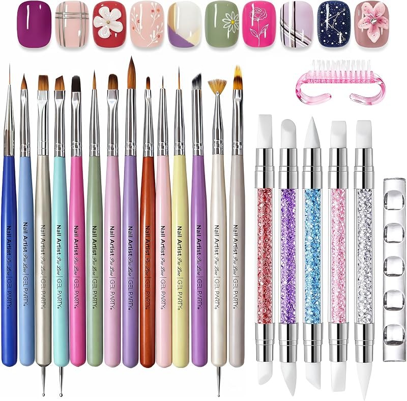 GELPARTY 21Pcs Pastel Nail Art Brush Set with Dotting & Sculpting Tools — tools nail set for automatic center punch