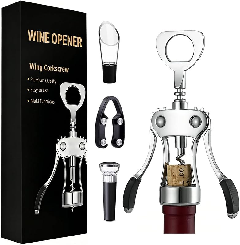 Multifunctional Wine Bottle Opener Gift Wing Corkscrew, Foil Cutter, Vacuum Stopper & Aerator Pourer, Perfect for Wine