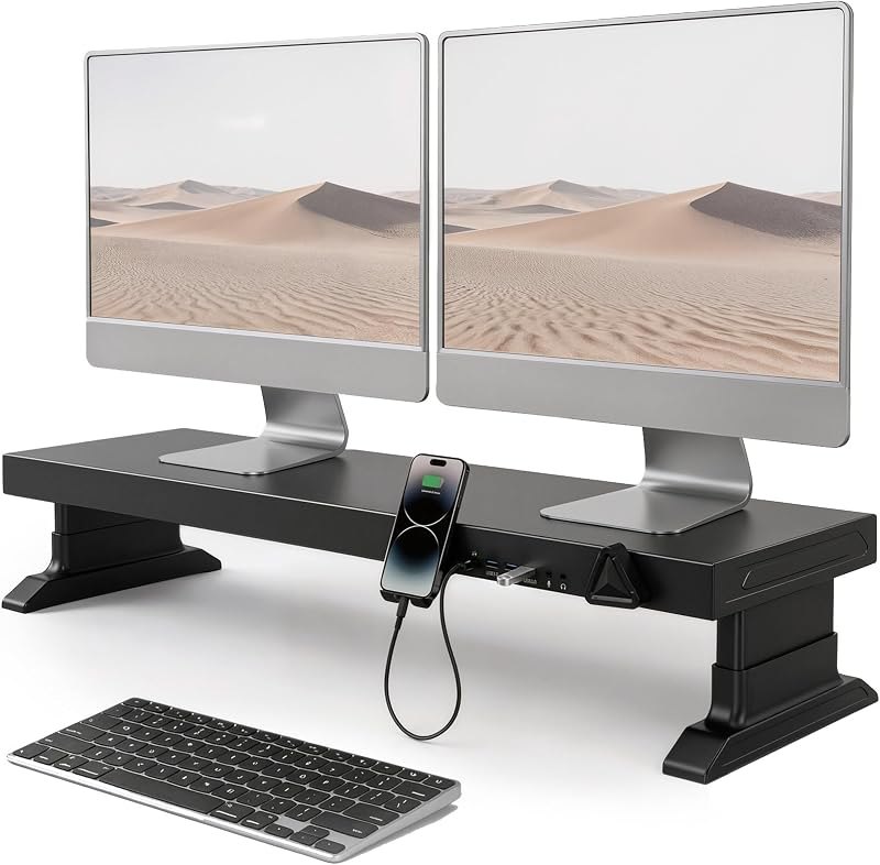 Height Adjustable Dual Monitor Stand Riser with 6-Port USB Hub, Black — Small computing add-ons: hubs, stand for small
