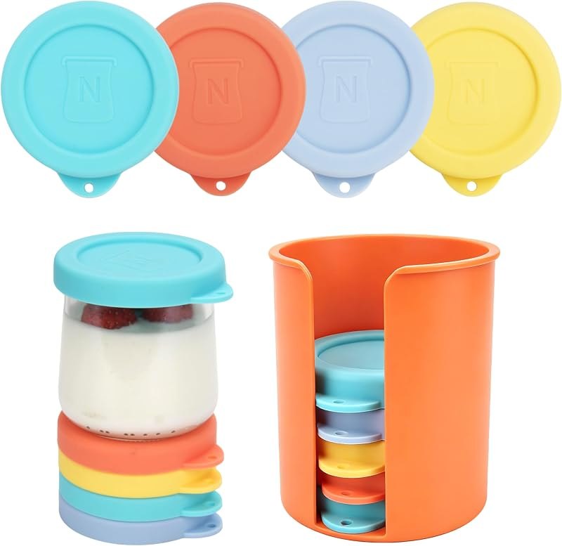 8 Pcs Silicone Oui Yogurt Jar Lids with Jar Lid Organizer, Reusable Jar Covers, Replacement Lids, Perfect for 5oz Oui