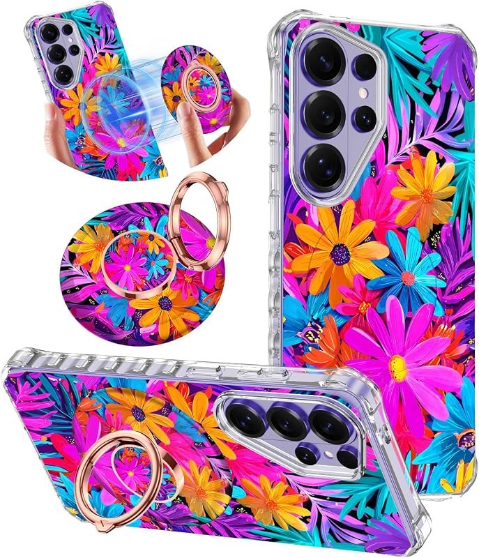 for Galaxy S26 Ultra Case,Magnetic Removable Floral Phone Ring Stand, 360°Rotation MagSafe Stand,Slim Wavy Frame Cases