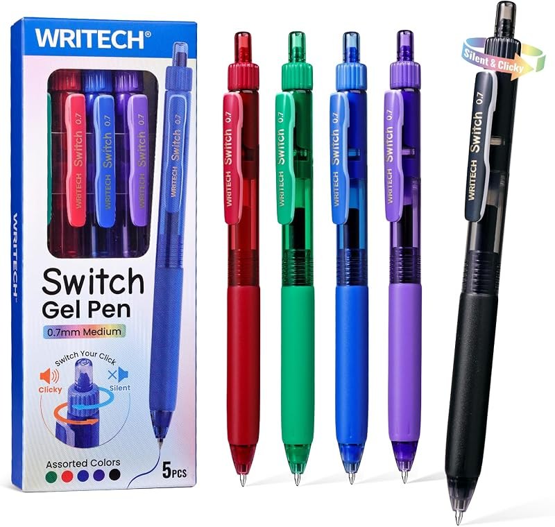 WRITECH Colored Gel Pens 0.7mm: Switch Silent Click Mode for Quiet or Click Feedback Smooth Writing Quick Dry Ink