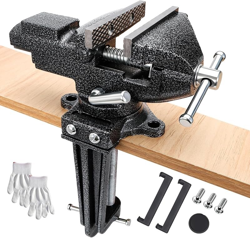 Heavy Duty 2-in-1 Bench Vise, 3.2" Jaw Width, 360° Swivel Base Table Vise — Clamps, discs, and scrapers. kit for