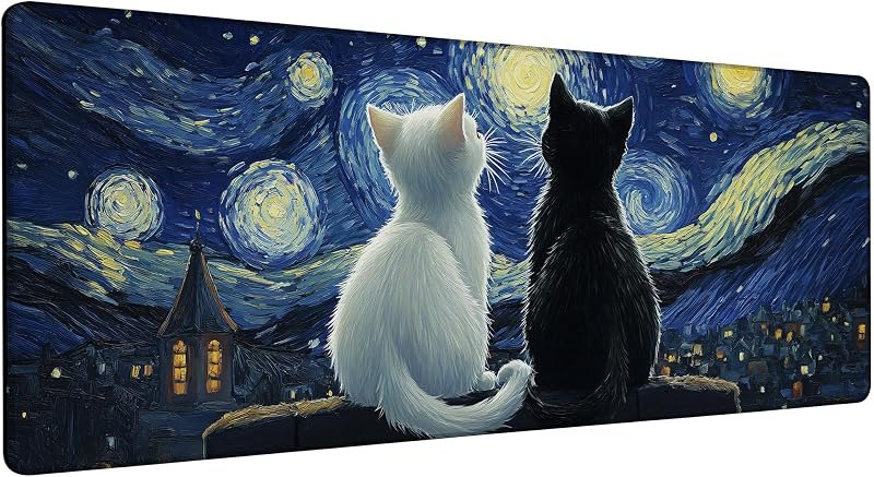 Black Cat and White Cat Look Starry Sky Gaming Mouse Pad with Stitched Edges Non-Slip Rubber Base Mouse Pad for