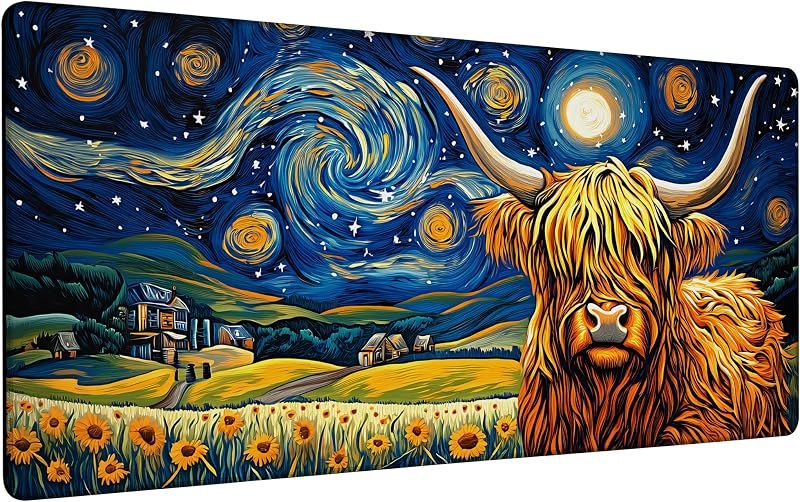 Highland Cow Starry Night Gaming Mouse Pad Large Desk Mat Extended Keyboard Anime Mousepad with Non-Slip Base and