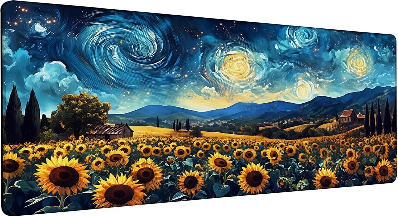 Sunflowers Under A Starry Night Sky Gaming Mouse Pad Large Desk Mat Extended Keyboard Anime Mousepad with Non-Slip