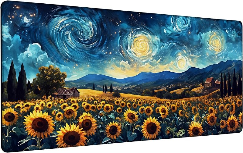 Sunflowers Under A Starry Night Sky Gaming Mouse Pad Large Desk Mat Extended Keyboard Anime Mousepad with Non-Slip
