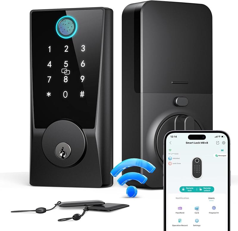 WiFi Smart Lock for Front Door, Built-in WiFi Deadbolt with Fingerprint & Keypad, Remote Unlock, Temporary Guest