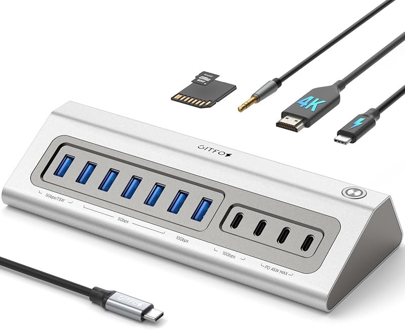 Gitfos Powered USB Hub, 18 in 1 USB C Hub with 4K HDMI, 10Gbps, PD 100W — Hubs, docks, SSDs, webcams, keyboard for