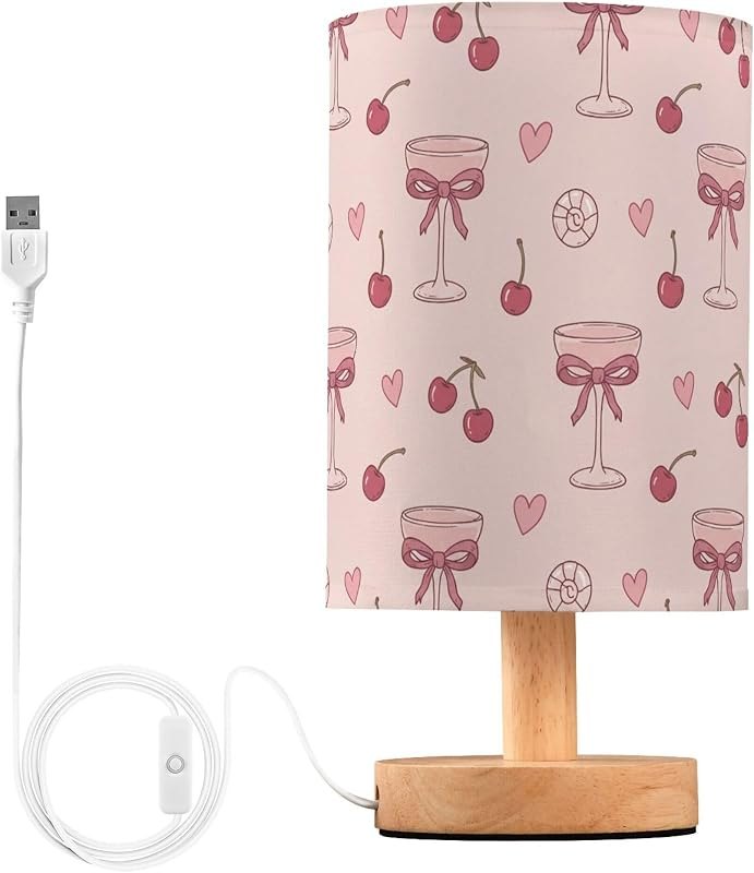Valentine's Day Bow Wine Glass Bedside Table Lamps, LED Table Lamp for Bedroom, Round Shade Nightstand Desk Lamp, Wood