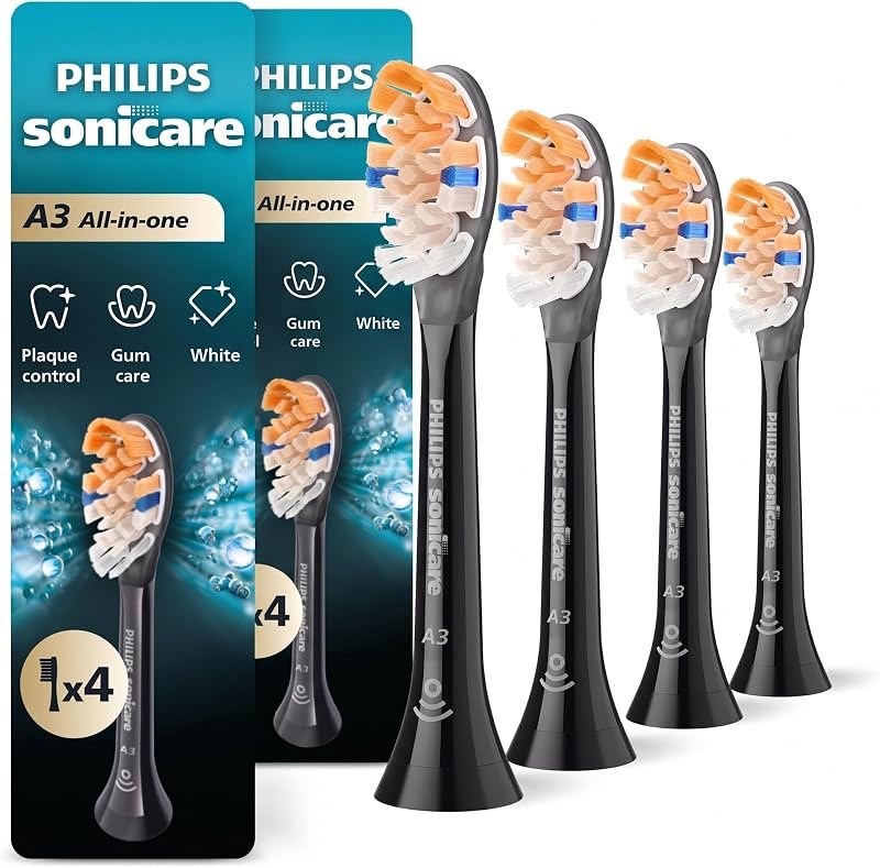 Philips Sonicare A3 All-in-One - Genuine Replacement Electric Toothbrush Heads,Black One Year Supply,HX9094/95,(Pack