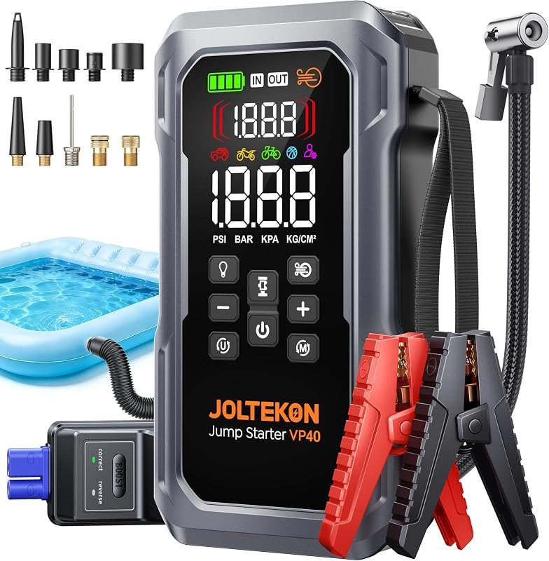 6000A 160PSI 9-in-1 Car Battery Jump Starter with Air Compressor & Air Blower (All Gas 12L Diesel), Battery Jumper