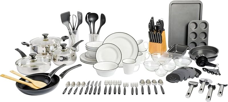 Gibson Home 95 Piece Kitchen in a Box Pots and Pans Cookware, Plates and Bowls Dinnerware, Cutlery Knife Block