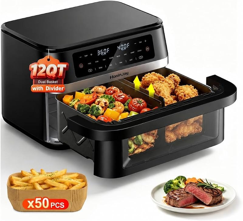 12QT Dual Basket Air Fryers with Dvider & 50PCS Paper Liners
