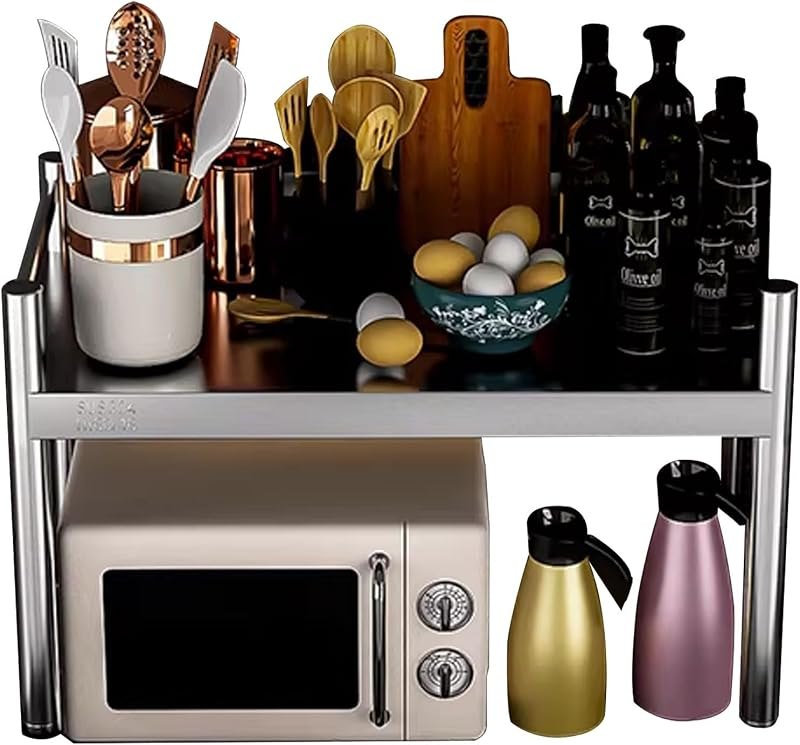 Stainless Steel Shelves 2 Tiers Microwave Oven Shelf Countertop, Kitchen Adjustable Spice Racks Freestanding Unit