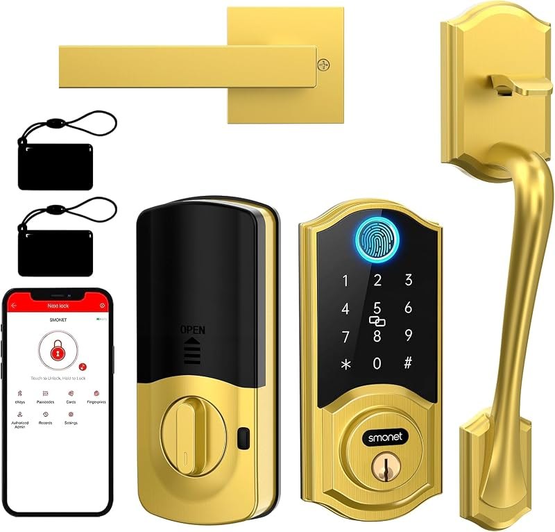 SMONET Smart Lock Front Door with Handle, Keyless Entry Door Lock Set, Fingerprint Smart Deadbolt with App Bluetooth