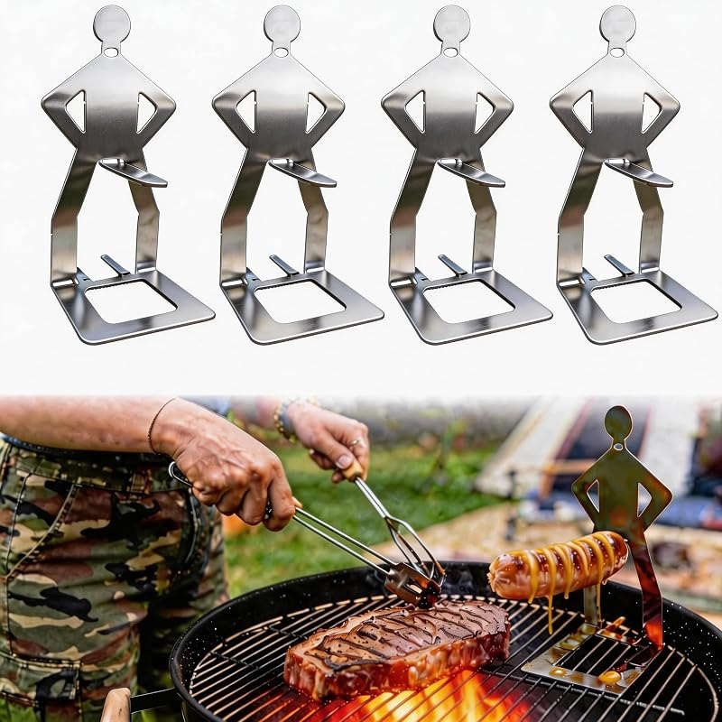 Funny BBQ Hot Dog Holder 2026，Reusable Stainless Steel Sausage Stands 4 PCS，Portable Hot Dog Roaster，Barbecue Grill