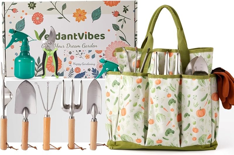 VerdantVibes 10-Piece Garden Tool Set - Heavy Duty Stainless Steel Gardening Kit with Wood Handle, Pruners & Vegetable