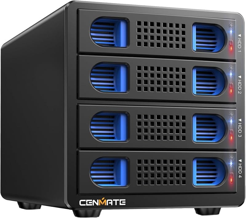 CENMATE Aluminum 4 Bay 10Gbps Hard Drive Enclosure with Cooling Fan for 2.5“/3.5" SATA HDD/SSD with USB A/C 3.2 Gen 2
