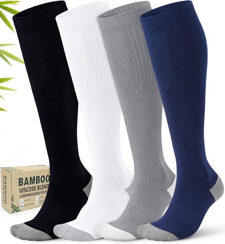Bamboo Viscose Compression Socks for Women Men, 4 Pack, 15-20 mmHg Support — Adult Compression Socks for adult