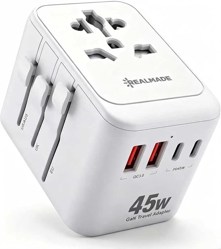 Realmade 45W International All-in-One Travel Adapter, 2C+2A GaN Tech White — best white power adapter for white power