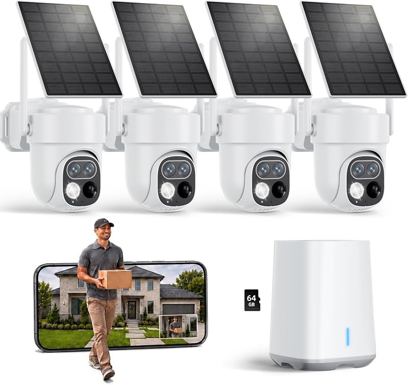 Security Cameras Wireless Outdoor, No Subscription 4-Cam System with Hub — 360 Degree Cameras that store your m for