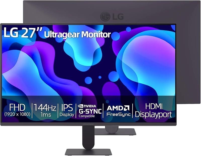 LG 27 inch Ultragear Gaming Monitor, Full HD IPS Display, 144Hz Overclocked Refresh Rate, 1ms MBR, NVIDIA G-Sync