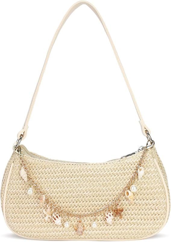 Women's Boho Seashell Pearl Beaded Straw Clutch Purse Summer Woven Beach Bag Vacation Shoulder Handbags — woven straw