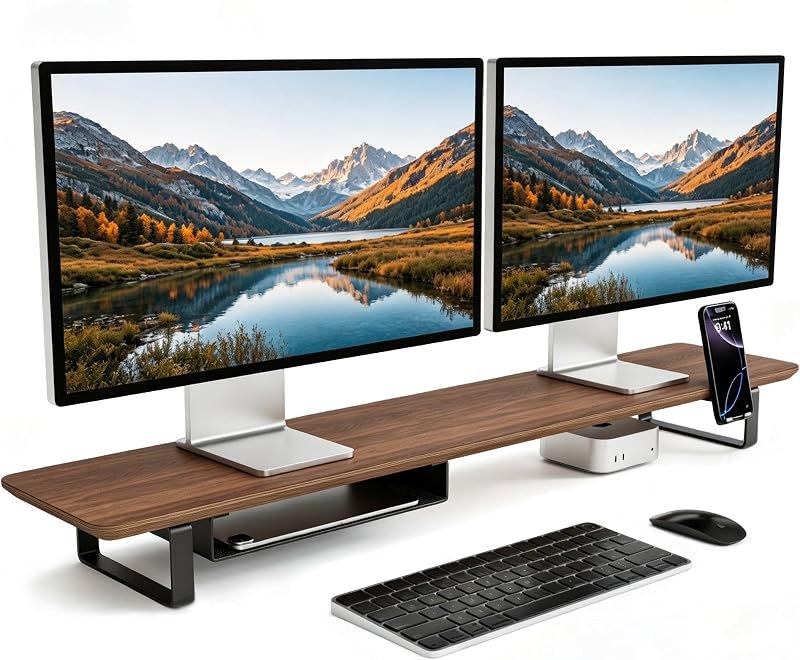 muso wood Dual Monitor Stand with Storage Shelf, 45 Inch Wooden Monitor Riser for 2 Monitors, Walnut Desk Shelf for