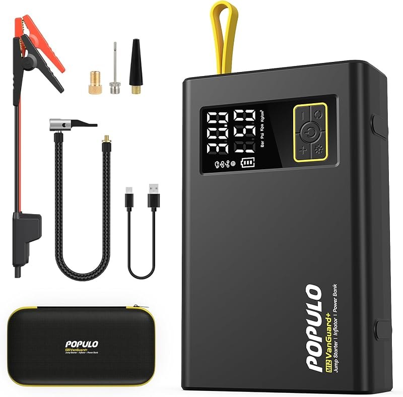 Car Jump Starter with Air Compressor, 12V 59.2Wh Portable Booster Pack Box with 150PSI Digital Tire Inflator, Extended
