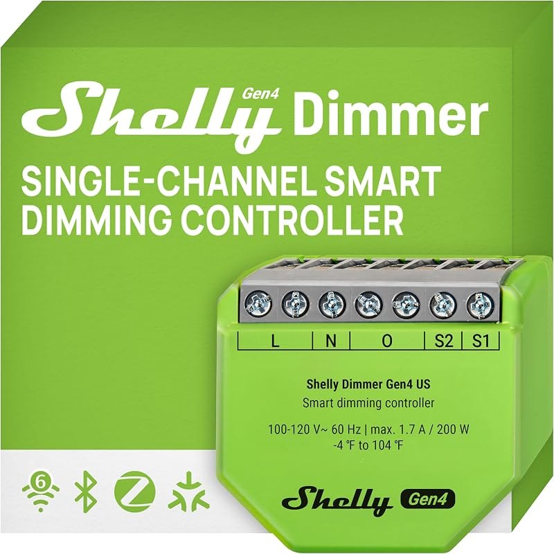 Shelly Dimmer Gen4 US UL, WiFi, Matter, Bluetooth, Zigbee Smart Dimming, Compatible with Matter, Home Assistant