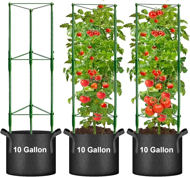 3 Pack Tomato Cage with 10 Gallon Grow Bags, 48" Height Adjustable Tomato Trellis with 65Ft Twist Tie, Heavy Duty