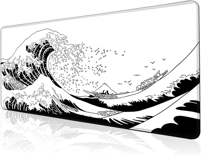 Gaming Mouse Pad for Desk,Large Mousepad Laptop,Black White Japanese Wave Anime Mouse Mat,Long XXL Waterproof Keyboard