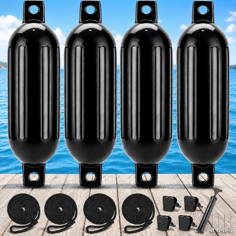 Black Boat Fenders for Docking 5.5."/6.5"/8.5" Inflatable Ribbed Marine Boat Fender with Fender Lines 6.5ft, Stainless