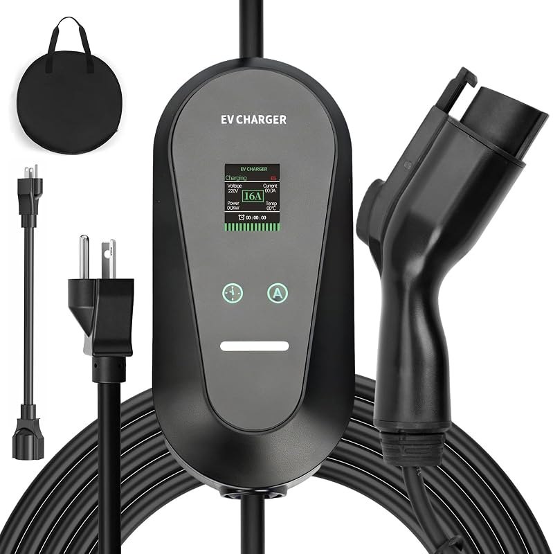 Level 1+2 Portable EV Charger for Electric Cars, 16A 3.5KW with 1.8 Inch LCD Display, 110V-240V, 6-20P Power Plug
