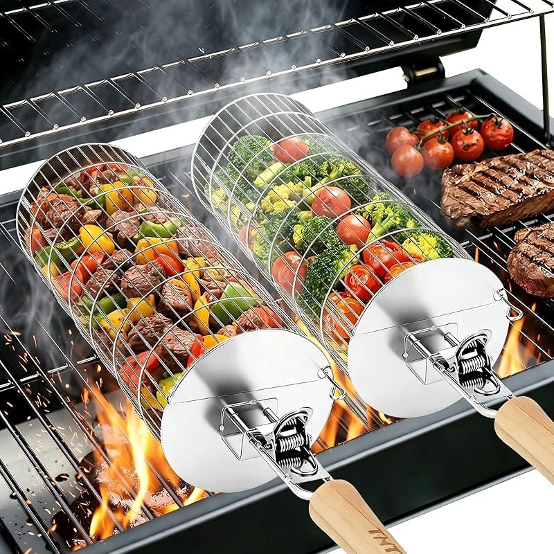 TNTOR Rolling Grill Basket, Larger 304 Stainless Steel Nesting Grilling Net, Removable Handle, BBQ Accessories Tools
