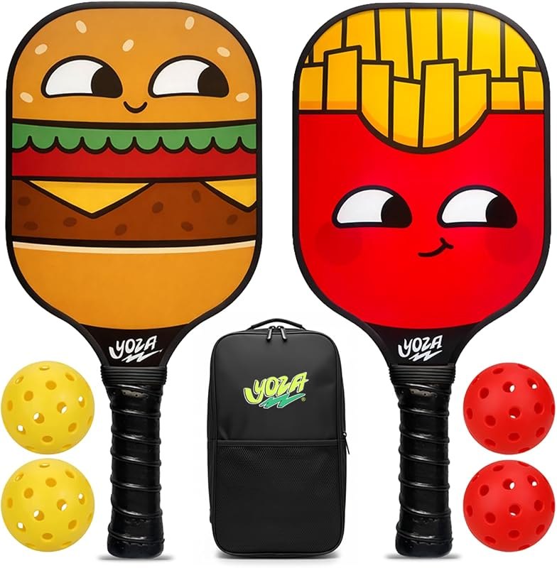 Pickleball Paddle Set of 2 - Burger & Fries Pickleball Rackets with 4 Balls & 1 Carrying Bag, Lightweight, Good