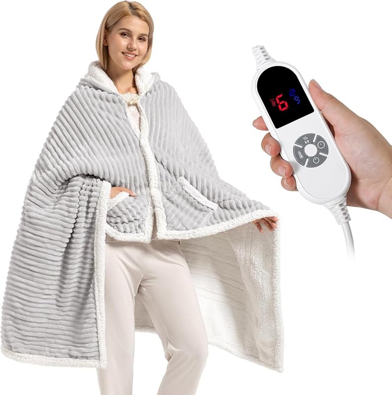 Electric Blanket Heated Throw, Soft Flannel & Sherpa Wearable Heated Blanket Hoodie, Heated Shawl Wraps for Gift with