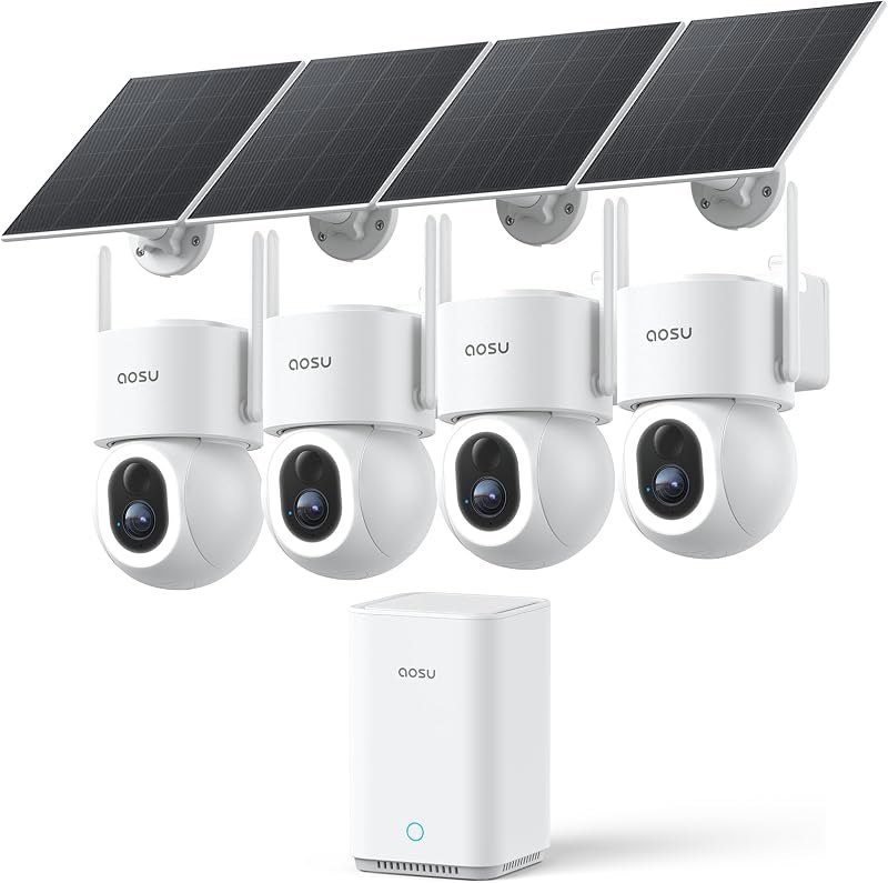 aosu D1 Max, 4-Cam Kit, 4K Solar Security Cameras System Wireless Outdoor — 360 Degree Cameras that store your m for