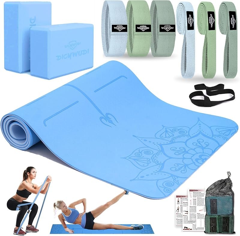 DICYWUDI Yoga Mat Thick, 6 Fabric Resistance Bands, 2 Pack Yoga Blocks, Home Workout Equipment Essentials Starter Kit