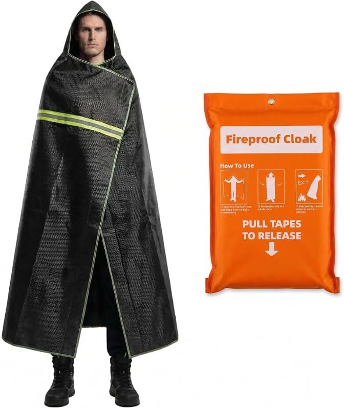 Fireproof Cloak with Hood - Fiberglass Free Fire Blanket Emergency for Home, 1800°F Heat Resistant Fire Escape Wrap