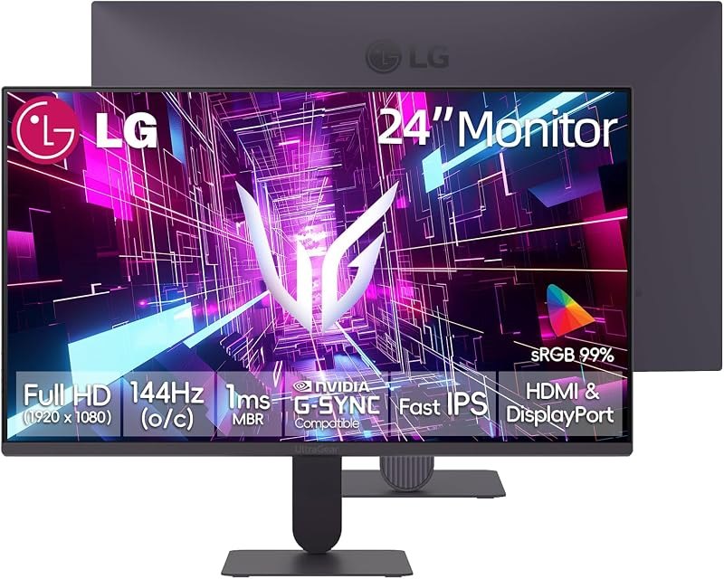 LG 24 inch Ultragear Gaming Monitor, FHD IPS Display, 144Hz Overclock, 1ms MBR, HDR10, 99% sRGB, NVIDIA G-SYNC