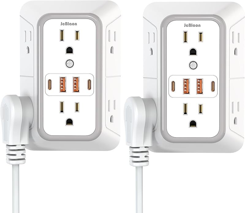 2 Pack Wall Outlet Extender, 6 Outlet Splitter with 4 USB Ports (2 USB C), 3 Sided 1050J Multi Plug with Surge