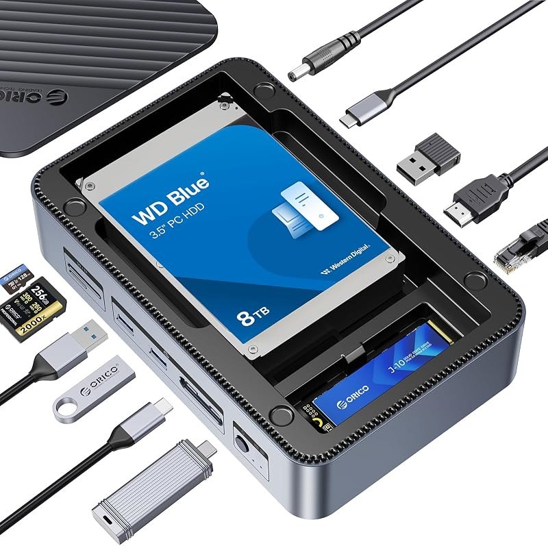 ORICO 12-in-1 USB C Hub with M.2 + SATA 2.5”/3.5” SSD/HDD Enclosure, USB C to HDMI Adapter 4K@60Hz,10Gbps USB A/USB C