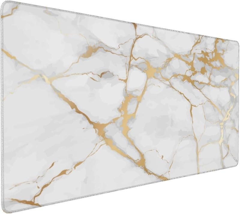 Extra Large Mouse Pads White Gold Marble Print XXL Extended Mousepad with Stitched Edges Non-Slip Rubber Base Computer